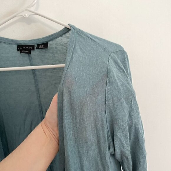 TAHARI Solid Blue Asymmetrical Open Front 100% Linen Boho Long Cardigan Sweater - Picture 6 of 13